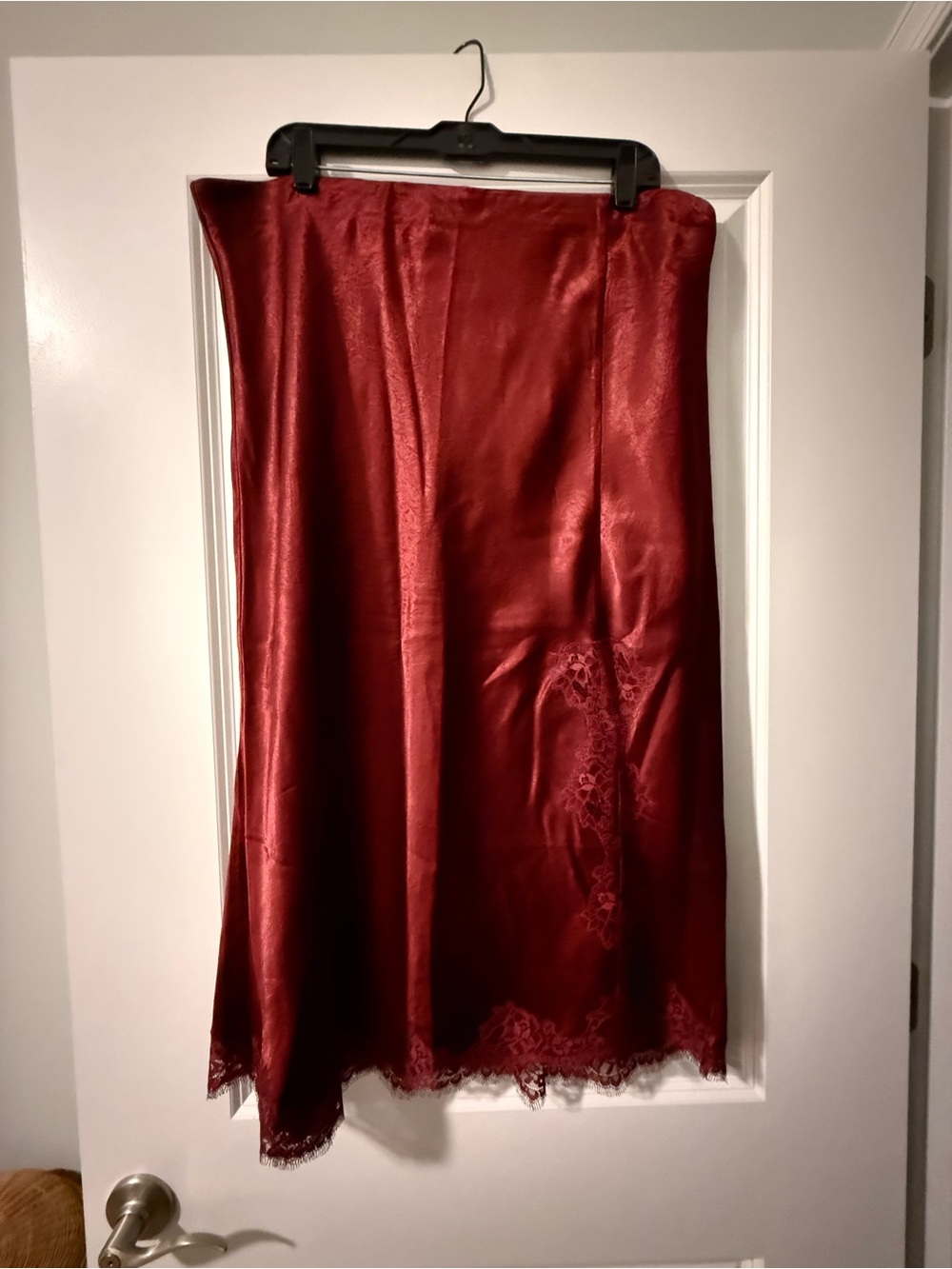 J. Crew Satin Midi Slip Skirt in Wine Red with Lace Hem